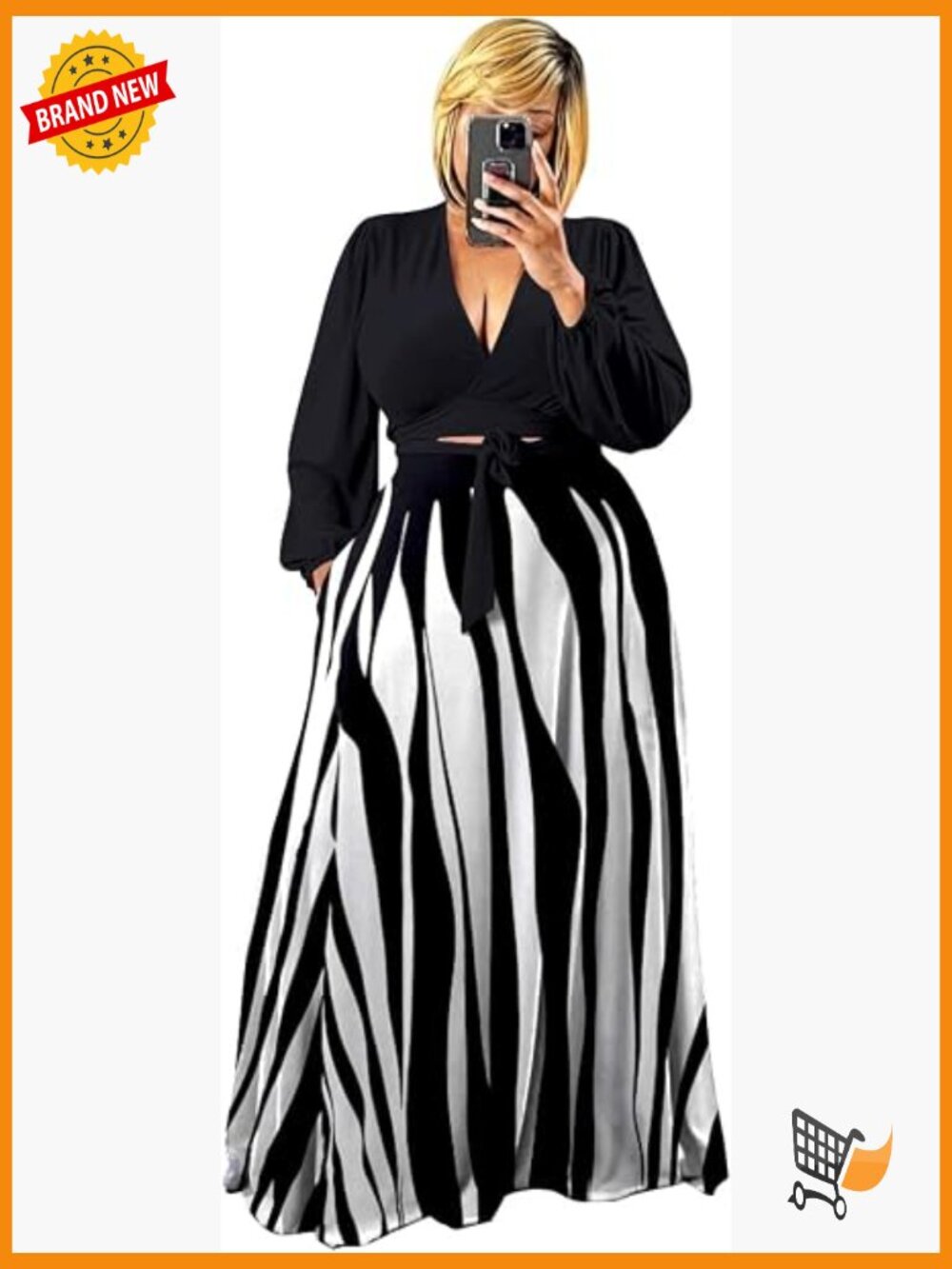 Plus Size 2 Piece Outfits Long Sleeve Crop Top Maxi Dress Matching Sets